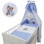 5-tlg. Baby Bettset Kinderbettwäsche Set Bettwäsche Decke 100x135cm Himmel Nestchen mit Applikation Bär Blau