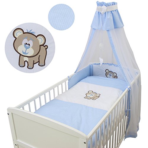 5tlg. Baby Bettset Kinderbettwäsche Set Bettwäsche Decke 100x135cm Himmel Nestchen mit Applikation und Punkten Blau