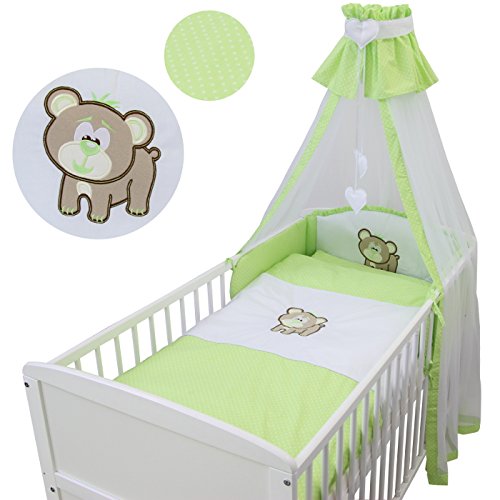 7tlg. Baby Bettset Kinderbettwäsche Set Bettwäsche Decke 100x135cm Himmel Nestchen mit Applikation und Punkten Grün