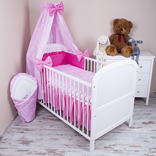 Amilian® Baby Bettwäsche 5tlg Bettset mit Nestchen Kinderbettwäsche Himmel 100x135cm NEU Herzen Rosa Vollstoffhimmel