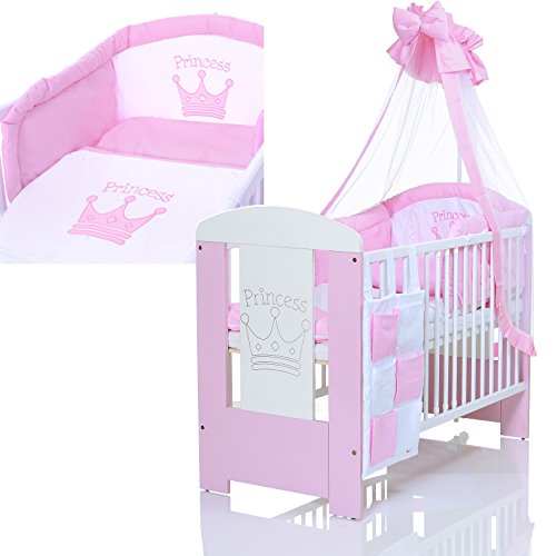 Baby Kinderbett 120x60 cm Komplettset "Princess" weiss rosa mit 9 teiligen Bettwäsche Komplettset