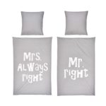 Bettwäsche-Set Schriftzug Mr. Right Mrs. Always Right 100% Baumwolle grau-weiß - Größe 135 x 200 cm