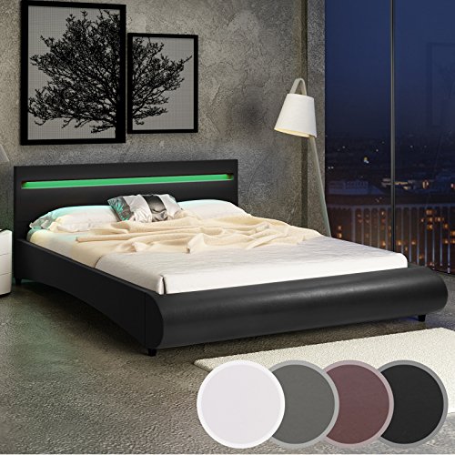 Miadomodo Kunstlederbett mit LED-Beleuchtung, Doppelbett in Schwarz, Größe 140 x 200 cm aus Holz & Metall