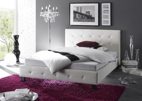 Polsterbett Designer Bett Doppelbett 140 x 200 weiß Lederoptik mit Schmuksteinen und Inkl. Lattenrahmen 47002