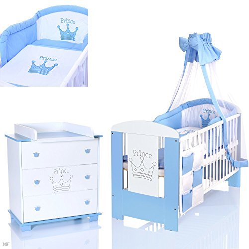 PRINZ blau Babyzimmer Möbel Komplettset für Jungs mit Kinderbett 120x60 Wickelkommode 9 teiligen Bettwäsche Set weiss