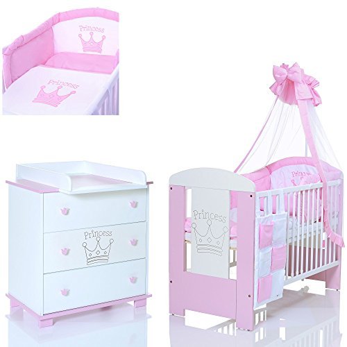 PRINZESSIN rosa Babyzimmer Möbel Komplettset für Mädchen mit Kinderbett 120x60 Wickelkommode 9 teiligen Bettwäsche Set weiss