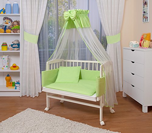 WALDIN Baby Beistellbett komplett mit Ausstattung, höhen-verstellbar, Buche Massiv-Holz weiß lackiert, 8 Farben wählbar,grün/weiß