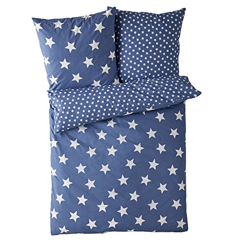 Wende-Bettwäsche Sterne mit Reißverschluss 100% Baumwolle - Blau - Größe 135 x 200 cm