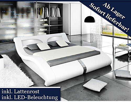 XXL Designer Bett Stilbett LED-Beleuchtung (Weiß, 200x200)