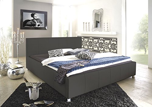 SAM® Design Polsterbett Katja, grau, pflegeleichtes Bett aus Kunstleder, abgestepptes Kopfteil, Chrom-Füße, gepolstertes Designer-Bett, 200 x 200 cm