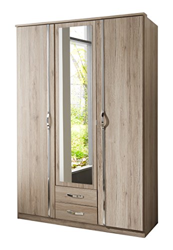 Wimex 064484 Kleiderschrank, 3-türig mit zwei Schubkästen und einer Spiegeltür, San Remo Eiche Nachbildung, 135 x 198 x 58 cm, aufleistungen chrom