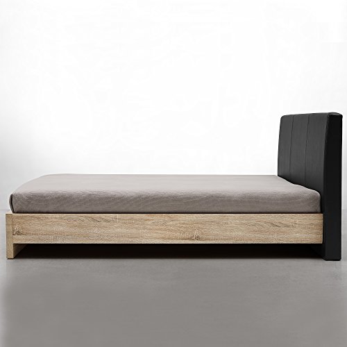 [en.casa] Design Polsterbett "Skandinavia" (180x200cm)(Furnier - Eiche Natur | Polster schwarz) modernes Bett / Kunst-Leder / mit Stecklattenrost /