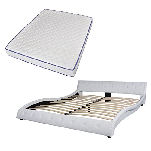 Festnight Bett Kunstlederbett Wellen-Design Polsterbett Doppelbett Bettrahmen mit 160x200 cm Memory-Schaum-Matratze Weiß