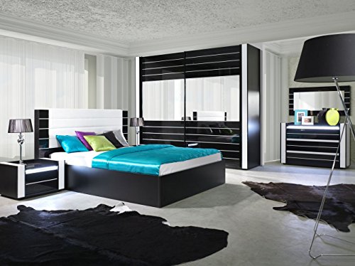 Schlafzimmer Komplett - Set F Livadia, 6-teilig, Farbe: Weiß Hochglanz / Schwarz Hochglanz