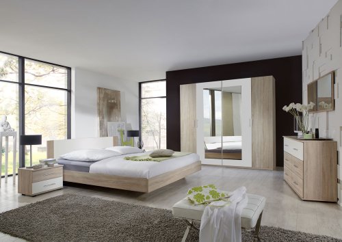 lifestyle4living 3-TLG. Schlafzimmer in Eiche sägerau-Nachb. mit Abs. in alpinweiß, Kleiderschrank Breite: 225 cm, Futonbett 180 x 200 cm, 2 Nachtschränke