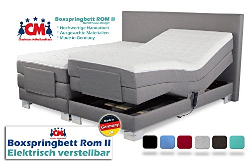Boxspringbett ROM II elektrisch verstellbar Manufaktur Design. Härtegrad H2 / H3 frei wählbar. Made in Germany. 90x200 | 100x200 | 140x200 | 160x200 | 180x200 | 200x200 cm. Qualität Made in Germany.