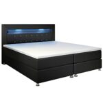 Juskys Boxspringbett Montana 180 x 200 cm schwarz — Komplett Set mit Matratze und Topper — LED-Licht im Kopfteil — Bett aus Kunstleder und Holz - modern