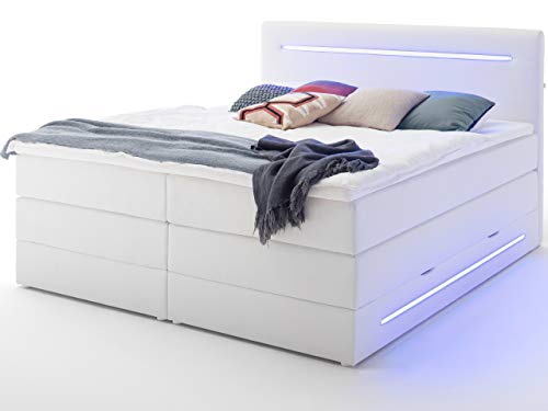 Wonello Boxspringbett 180x200 mit Bettkasten und LED Beleuchtung - gemütliches Bett mit led Beleuchtung - Stauraumbett 180 x 200 cm weiß mit Matratze und Topper