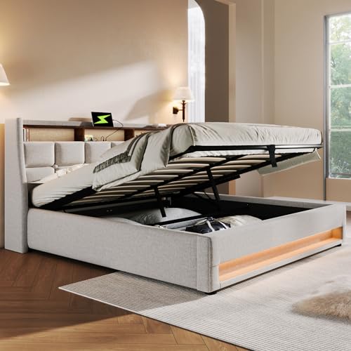 Kayan Polsterbett 140x200cm, Doppelbett mit Stauraum und Lattenrost, LED Kopfteil mit USB Ladefunktion, Stauraumbett Funktionsbetten Rückenlehne Bettgestell, Leinen (Beige, 140x200cm)