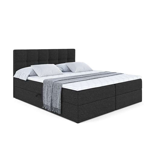 ALTDECOR Boxspringbett mit H3-Matratze (20 cm hoch) mit Bonellfederung + PUR, Topper (4 cm hoch), Polsterbett mit Kopfteil und Bettkasten - Marce - 180x200 - Schwarz