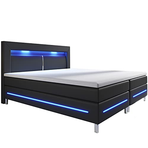 Juskys Boxspringbett Norfolk 140x200 cm - LED Beleuchtung, Bonell Matratze & Topper - 66 cm Komforthöhe - schwarz - Bett Doppelbett Polsterbett