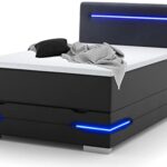 wonello Boxspringbett 140x200 mit Bettkasten, LED Beleuchtung und 2X USB Anschluss - gemütliches Bett mit einzigartiger Optik - Stauraumbett 140 x 200 cm beleuchtet schwarz mit Matratze und Topper