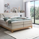 Belanoti Riviera Boxspringbett 180x200 Eiche 7-Zonen Taschenfederkern Matratze inkl Visco Topper Bett 180x200 in der Farbe Beige H2/H3 Polsterbett Hotelbett mit Massivholz Eiche Massivholzbett