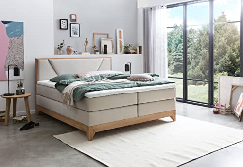 Belanoti Riviera Boxspringbett 180x200 Eiche 7-Zonen Taschenfederkern Matratze inkl Visco Topper Bett 180x200 in der Farbe Beige H2/H3 Polsterbett Hotelbett mit Massivholz Eiche Massivholzbett