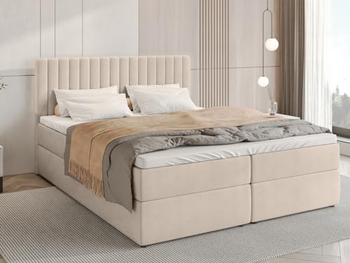 BROMARKT Boxspringbett Dream 180x200 cm - Doppelbett mit Bonell Matratze - Modern Boxspringbett - Polsterbett mit Bettkasten und Gepolsterte Kopfstütze - Beige