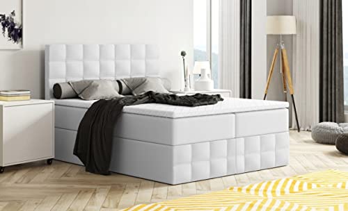 Moderne Boxspringbett MERA Premium Bett mit Bettkasten Ziernähten Bonell Matratze H3 Federkern Topper Polsterbett Doppelbett Schlafzimmer (Weiss - Madryt 120 (Kunstleder), 180 x 200)