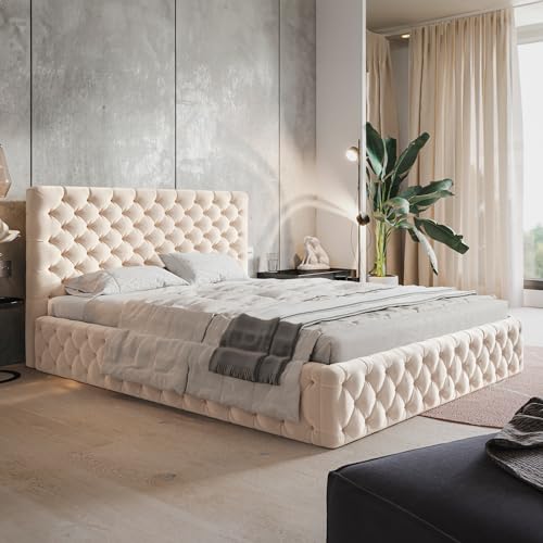 MOTIVENA Dalia Chesterfield Polsterbett 180x200 mit Bettkasten, Chesterfield Bett 180x200 mit Stauraum, Bett Kopfteil Samt, ohne Matratze, Bett Samt, Polsterbett 180x200 Beige Creme