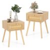 COSTWAY 2er Set Nachttisch Rattan, Beistelltisch mit Schublade, Nachtkommode, Nachtkonsole, Sofatisch für Schlafzimmer, Wohnzimmer, 40 x 40 x 55 cm, Eiche