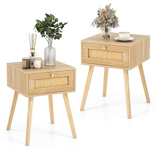 COSTWAY 2er Set Nachttisch Rattan, Beistelltisch mit Schublade, Nachtkommode, Nachtkonsole, Sofatisch für Schlafzimmer, Wohnzimmer, 40 x 40 x 55 cm, Eiche