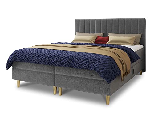 Boxspringbett Gold mit 2 Bettkästen und Topper - Doppelbett, Bonell-Matratze, Polsterbett, Bett mit Matratzentopper, Schlafzimmer, Velours Stoff (Grau (Manila 16), 160 x 200 cm)