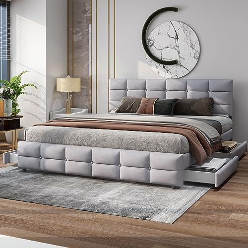 Rtopsu Polsterbett Doppelbett 180x200 cm 4 Stauraum Schubladen, Bett mit Verstellbares Kopfteil, Bettgestell mit Metallrahmen und Lattenrost aus Holz, Samt, Grau, Ohne LED-Beleuchtung und Matratze