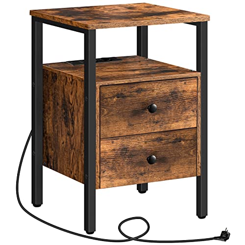 HOOBRO Nachttisch mit Ladestation, Beistelltisch, Sofatisch mit 2 Schubladen, Couchtisch mit USB-Anschlüssen für Wohnzimmer, Schlafzimmer, Modern, 40 x 40 x 61 cm, Vintage EBF43CBZ01G2