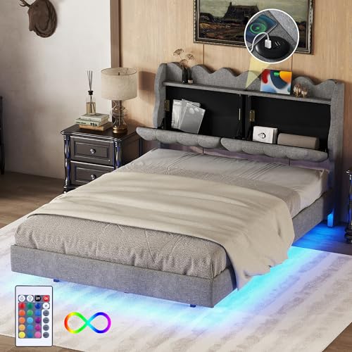 LATICO Bett 140 x 200cm Doppelbett, Polsterbett, Kopfteils mit Stauraum, Bett mit LED Beleuchtung, Polsterbett mit Lichtleiste, Polsterbett mit USB-Ladeanschluss, Leinen, Grau, Ohne Matratze