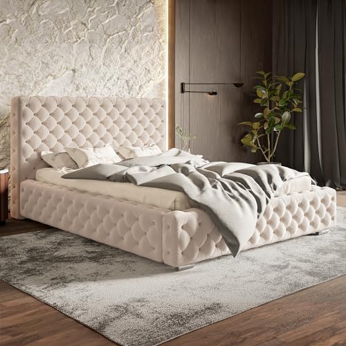 MOTIVENA Diana Chesterfield Polsterbett 180x200 mit Bettkasten, Chesterfield Bett 180x200 mit Stauraum, Bett Kopfteil Samt, ohne Matratze, Bett Samt, Polsterbett 180x200 Beige Creme