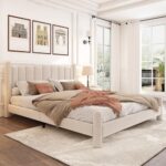 WENCHSH Polsterbett Doppelbett 180x200 cm, Bett mit Kopfteil, Bettgestell mit Lattenrost aus Holz, Samt, Beige, Ohne Matratze