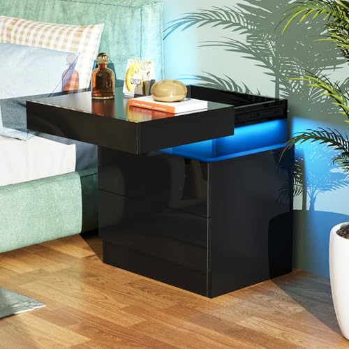 Lvhcmfohm Nachttisch Schwarz mit Led, Nachtschrank, Nachtkommode mit 2 Schubladen und Schiebekommode Oben für Wohnzimmer, Schlafzimmer (45x35x52cm)