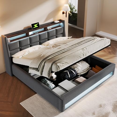 DEKKETO Boxspringbett mit Stauraum, Polsterbet 180x200 Doppelbett mit LED und 2 USB-Anschluss, Hydraulisch Stauraumbett Rückenlehne Bettgestell, Lattenrost aus Holz ohne Matratze, Grau