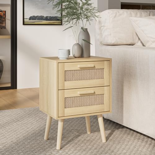 HEYZOEY Nachttisch Rattan, Beistelltisch mit Schublade, Nachtkommode mit Holz Beine für Schlafzimmer, Wohnzimmer, Natur Eiche