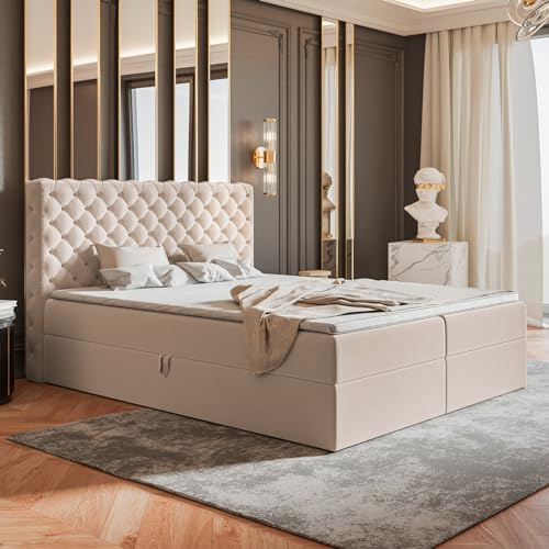 MOTIVENA Nero Chesterfield Boxspringbett 180x200 mit Bettkasten und Topper, Polsterbett 180x200 mit Bettkasten, Bonell-Matratze (H4), T28 Schaumstoff Topper (H3), Chester, Samt, Beige Creme