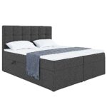 MEBLINI Boxspringbett mit Bettkasten - Gepolstert Doppelbett mit Matratze und Topper - Polsterbett mit Stauraum - Bett mit Kopfteil - Stauraumbett - NILS - 180x200 - H3/Dunkelgrau Webstoff