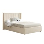 Juskys Polsterbett Savona 140x200 cm, Bett mit Stauraum, Lattenrost, Samt-Bezug, Bettgestell aus Holz, bis 250 kg, großes Kopfteil, Beige