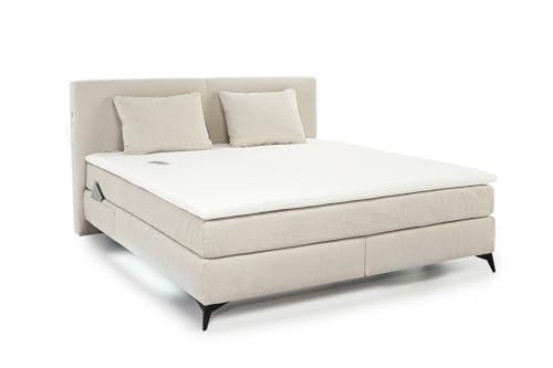 Boxspringbett 180x200 cm, 2x 7-Zonen-Tonnentaschen-Federkernmatratzen H4 inkl. Kaltschaum-Topper, Bonell-Federkernpolsterung, LED-Beleuchtung, USB-Ladeports, Bezug Chenille Beige / 20018