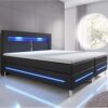 Juskys Boxspringbett Norfolk 200x200 cm - LED Beleuchtung, Bonell Matratze & Topper - 66 cm Komforthöhe - schwarz - Bett Doppelbett Polsterbett
