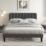 VECELO Polsterbett 140 x 200 cm Doppelbett mit Höhenverstellbarem Kopfteil, Stabiler Bettrahmen mit Lattenrost, Gepolstertes Bettgestell, Kein Boxspring erforderlich, Samt, Ohne Matratze, Grau