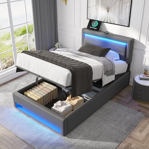 Dolamaní Boxspringbett 90 x 200 cm mit Bettkasten und große Stauraum, Polsterbett mit Kopfteil und Fußteil mit LE/D, Stauraumbett für Erwachsene & Jugendliche, PU (Grau)
