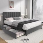 VECELO Polsterbett 140 x 200 cm Doppelbett mit 4 Stauraum Schubladen und Höhenverstellbarem Kopfteil, Stabiler Bettrahmen mit Lattenrost und Bettkasten, Samt, Ohne Matratze, Grau
